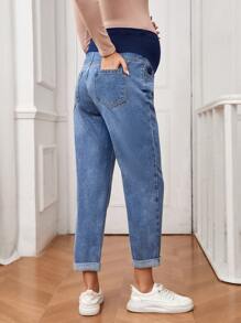 SHEIN Jeans de cintura alta con color de contraste y parche para maternidad - Azul lavado medio - Ver 2