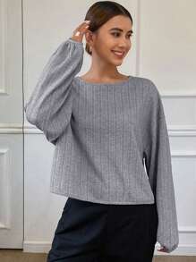 DAZY Strukturiertes, lässiges Rundhals-T-Shirt für Frauen, Langarm Damen Tops - Grau - Übersicht 5