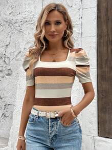 SHEIN LUNE Classic Colorful Striped Square Neck Puff Sleeve Women T-Shirt - Multicolor - View 3