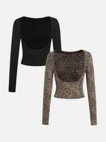 SHEIN 少女女孩买一送一 2 件/套豹纹黑色针织长袖 T 恤 - 彩色 - 查看 1