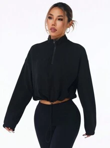 Easithlete 纯色立领抽绳下摆拉链运动衫 秋季拉链运动衫 - 黑色 - 查看 5