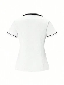 SHEIN TaskFit 2pcs Contrast Trim Casual Short Sleeve Top And Solid Color Pants Uniform Set, Scrub Sets - White - View 3