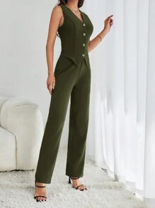 SHEIN Tall Ensemble de débardeur et pantalon en couleur unie décontracté pour femmes en automne/hiver - Militaire verte - Voir 4