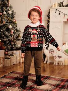 SHEIN 少年用カートゥーン ストリート調 クリスマスジャカード柄 ニットセーター。旅行や秋冬に最適な、温かく快適な一着。クリスマスシーズンに特にぴったりで、ほっと温かい雰囲気を演出できます。 - ブラック - チェックする 5