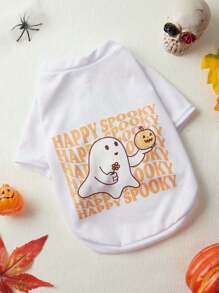 Dudeline Artist Cute Kawaii Pumpkin & Ghost Print White Pet T-Shirt For Halloween, Holiday