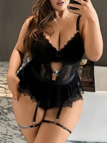 Seduluxe 两件套性感黑色蕾丝拼接内衣套装（不含吊袜带） - 黑色 - 查看 1