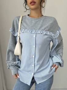 Chiquease Women's Striped Shirt Patchwork Frill Trim Casual Sweatshirt (Random Print) - Multicolor - View 1