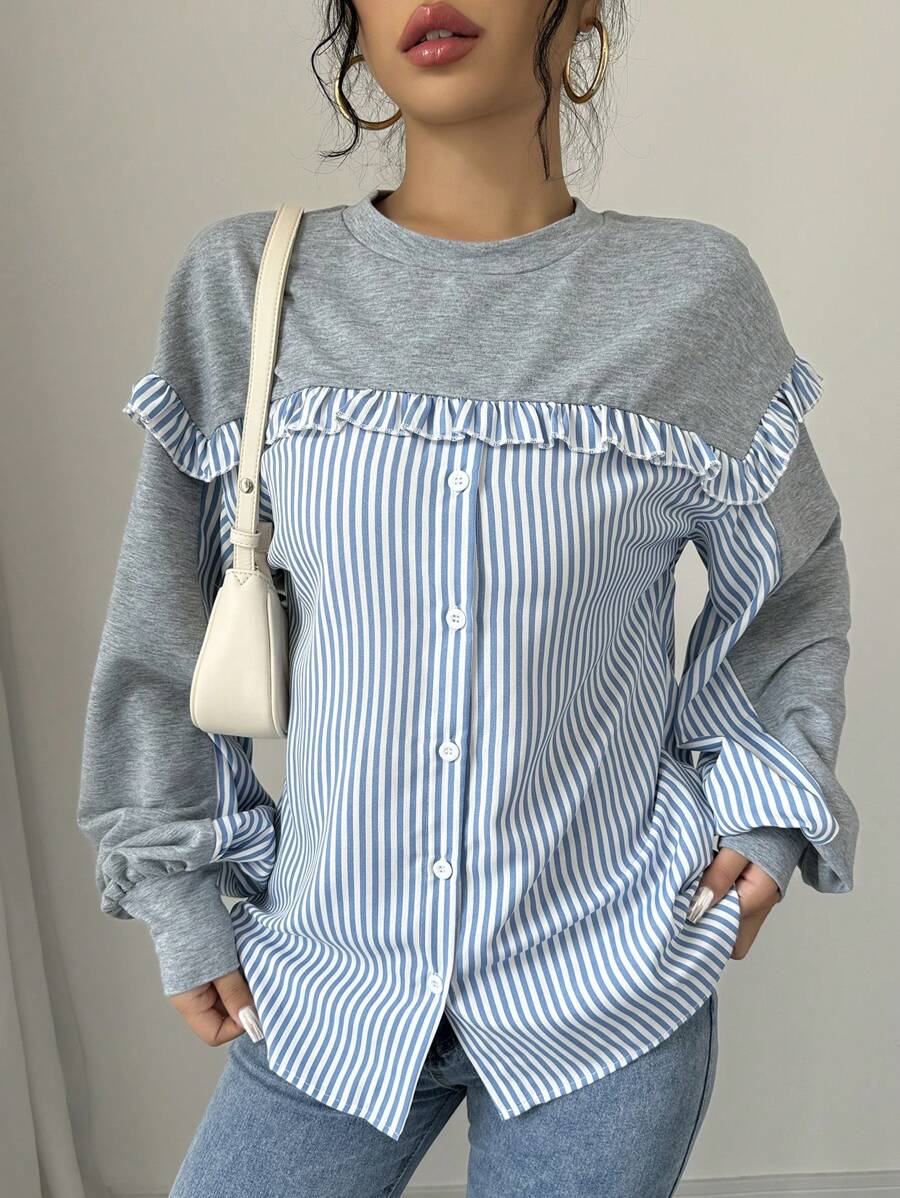 Chiquease Women's Striped Shirt Patchwork Frill Trim Casual Sweatshirt (Random Print) - Multicolor - View 1