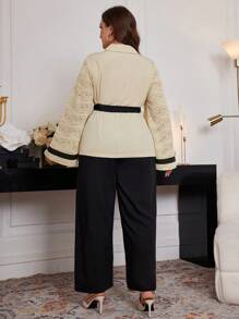 Mulvari Plus Size Women's Color Block Long Sleeve Top & Solid Color Pants Minimalist Daily Suit - Apricot - View 2