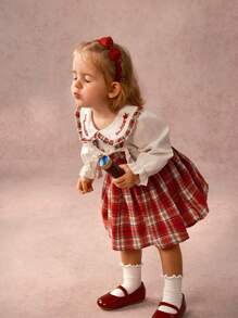 SHEIN Baby Girls Casual Plaid Patchwork Collared Shirt And Bow Tie Skirt Set, Autumn - White - View 6