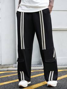 Manfinity Roghcode Pantalones casuales con estampado de rayas de moda y estilo callejero para hombres, de tipo de poner y quitar - Negro - Ver 1