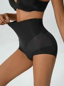 Women High Waisted Solid Color Shaping Briefs - Black - View 1