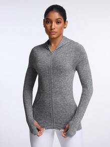 SHEIN Sports Áo thun thể thao trùm đầu cổ khóa kéo dài tay màu trơn cho nữ, mùa xuân và mùa thu - Xám - Xem 4