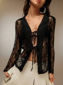 SURIMA Women's Black Rhinestone Lace Sheer Halter Blazer Jacket, Long Sleeve Sexy Club Tops