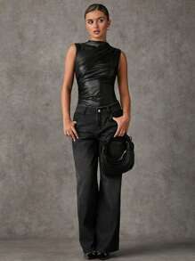 SHEIN BAE Black PU Leather Sleeveless Open Shoulder Ruched Bodysuits, Autumn - Black - View 3