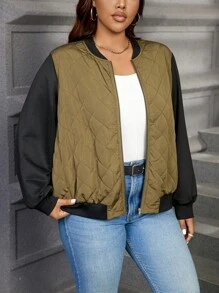SHEIN Essnce Plus Size Women Color Block Loose Casual Fashion Green Jacket