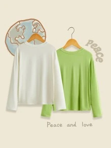 2 件/套女孩“和平与爱”印花套头长袖 T 恤，适合国际和平日 - 彩色 - 查看 2