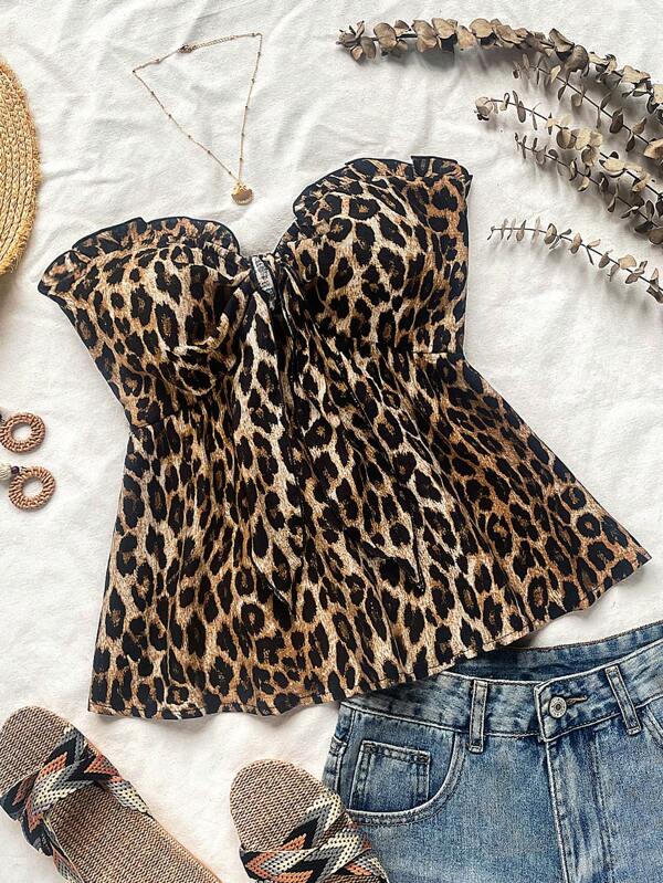Blusa de mujer con estampado de leopardo, volantes, empalme y moño delantero para vacaciones