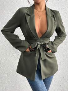 SHEIN PETITE Blazer casual de color liso para primavera/otoño - Verde militar - Ver 6