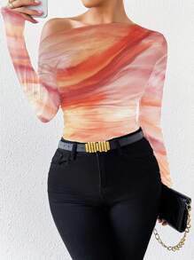 EMERY ROSE 春夏时尚大理石渐变印花不对称荷叶边长袖 T 恤图案 T 恤女式春季服装上衣