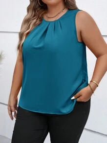 SHEIN Clasi 大码女式夏季纯色圆领褶皱无袖休闲衬衫 - 薄荷藍 - 查看 1