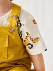 Cozy Pixies 2pcs Baby Boy Soft Plant Floral Print Knit Short Sleeve Top And Overalls Shorts Set - Yellow - View 4