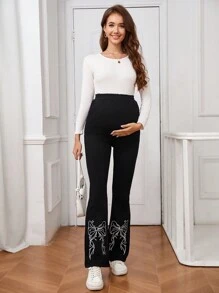 SHEIN Quần Jeans ống loe in họa tiết bướm cho bà bầu, dành cho bà bầu - màu đen - Xem 3