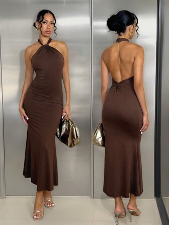 Glamine Back-Twist Halterneck Midi Dress,Ladies Sexy Backless Sleeveless Halter Slim Fit Long Brown Plain Bodycon Women Long Dresses,Spring/Summer,Party/Nightclub Outfits Maxi Women Outfit