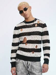 Manfinity Roghcode Men 1pc Striped Pattern Cut Out Sweater - Multicolor - View 4