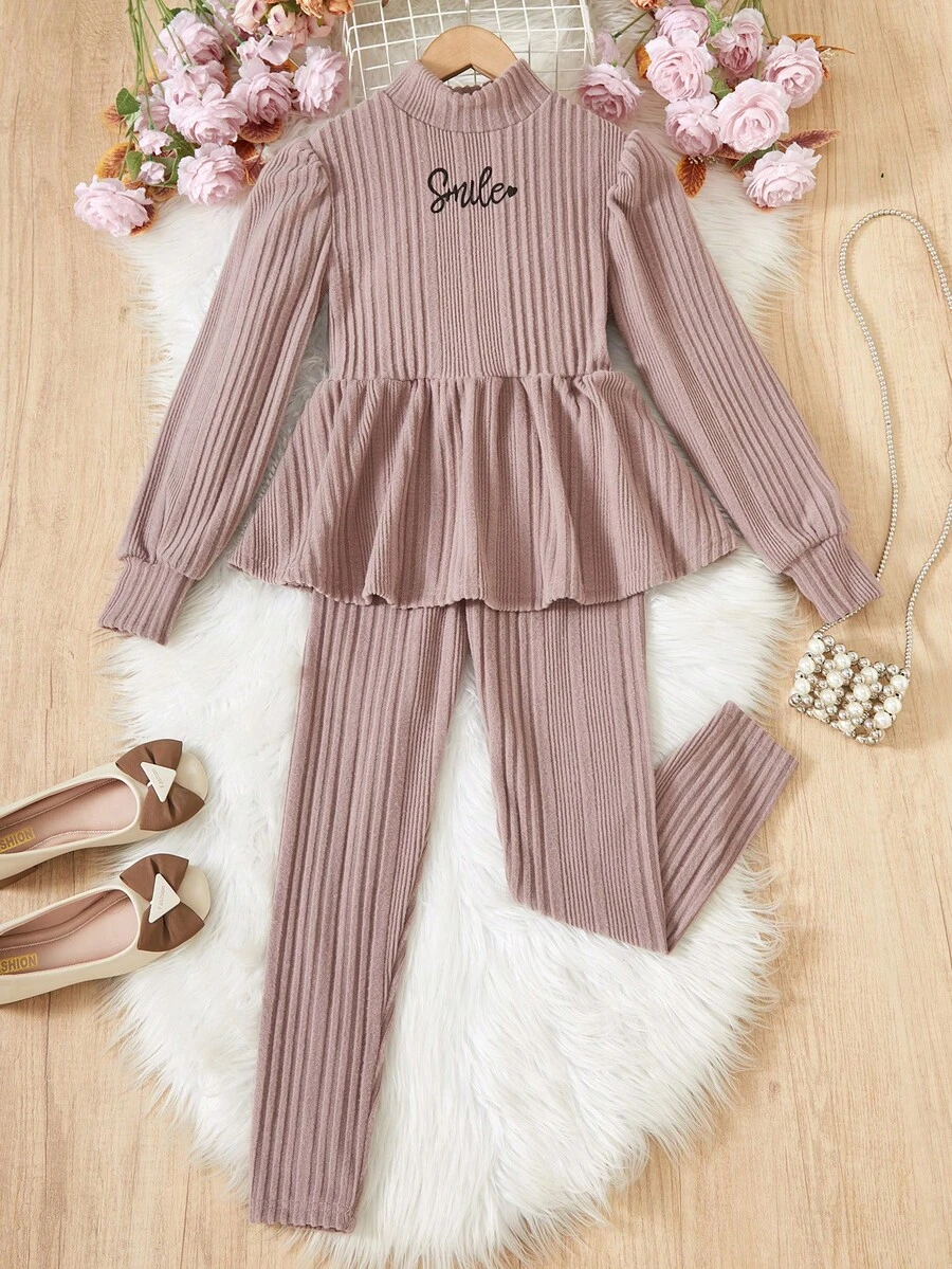 2pcs Tween Girl Half-Turtleneck Gigot Sleeve T-Shirt & Knitted Leggings Set, Lotus Pink