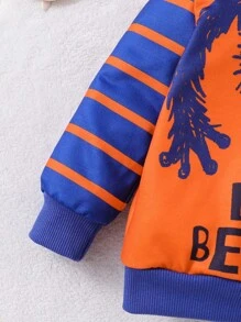 SHEIN 2pcs/Set Baby Boys Monster Patchwork Hoodie Sweatshirt And Pants Outfit, Navy Blue And Orange, For Casual Wear, Outdoor, Home And Sports, Knit Cuffs And Hem Design, Monster Graphics On Front - Blue - View 3