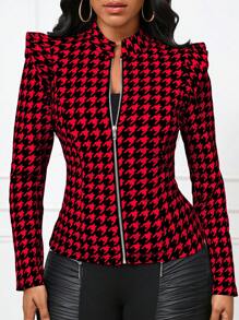SHEIN Lady Women's Classic Houndstooth Print Stand Collar Zipper Front Ruffle Trim Regular Jacket - Burgundy - View 6