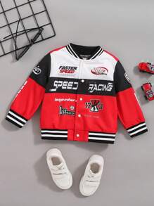SHEIN Baby Boys Street Motocycle Style Contrast Color Splicing Letter Printed Stand Collar Motorcycle Jacket, Suitable For Autumn/Winter Outerwear - Red and White - View 7