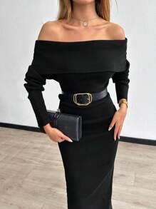 EURMUSE Foldover Off Shoulder Sweater Dress - Black - View 5