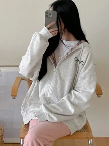 DAZY Women's Loose Plaid Patchwork Lined Hoodie Sweatshirt,Fall Women Clothes Jacket Zip Up - Grey - View 4