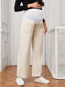 SHEIN Quần Jeans Ống Thẳng Thời Trang Có Túi Lưng Cao Co Giãn Cho Bà Bầu - Màu be - Xem 4