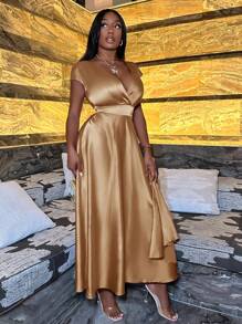 Slaydiva 情人节连衣裙音乐节日新年连衣裙交叉V领低胸约会优雅性感少女崇拜紧身舞会闪亮缎面粉色玫红色女装连衣裙茶会长袖女士性感半正式连衣裙