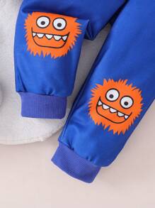 SHEIN 2pcs/Set Baby Boys Monster Patchwork Hoodie Sweatshirt And Pants Outfit, Navy Blue And Orange, For Casual Wear, Outdoor, Home And Sports, Knit Cuffs And Hem Design, Monster Graphics On Front - Blue - View 8