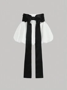 SHEIN MOD Váy mini bồng bềnh lưng thấp màu trắng có nơ đen cho nữ, váy trắng - trắng - Xem 1