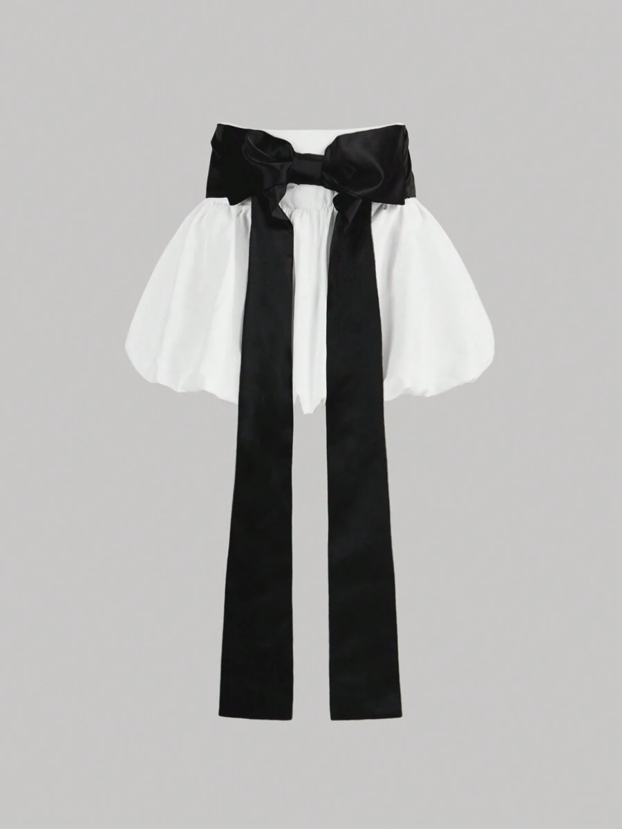 SHEIN MOD Váy mini bồng bềnh lưng thấp màu trắng có nơ đen cho nữ, váy trắng - trắng - Xem 1