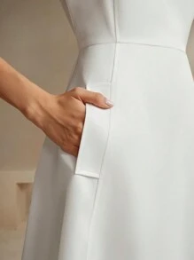 Anewsta French Style White Square Neck Camisole A-Line Waisted Slim Dress Maxi Women Outfit - White - View 4
