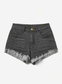 ROMWE Grunge Punk Ladies' Casual Raw Hem Distressed Stretchy Skinny Denim Shorts - Black - View 1