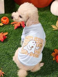 Dudeline Artist Cute Kawaii Pumpkin & Ghost Print White Pet T-Shirt For Halloween, Holiday