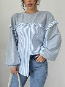 Chiquease Women's Striped Shirt Patchwork Frill Trim Casual Sweatshirt (Random Print) - Multicolor - View 3