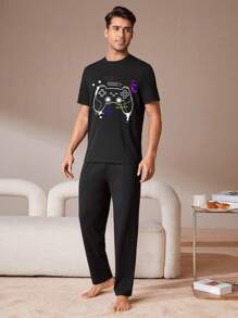 EURMUSE Cotton Men Gamepad Printed Regular Longsleeve Homewear Set - Black - View 3