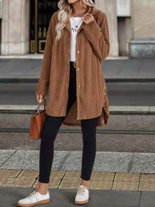 SHEIN LUNE Women's Textured Striped Long Sleeve Hooded Regular Jacket, Fall & Winter - Coffee Brown - View 4