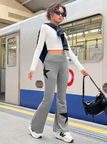 SHEIN Leap Crew 青少年女孩灰色针织弹力高腰五角星贴片休闲喇叭紧身裤