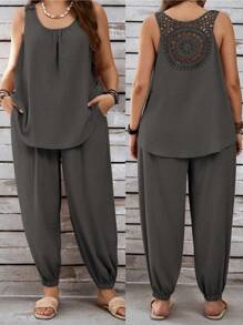 EMERY ROSE Bộ đồ vải lanh dài tay kaki không tay cổ cao dành cho nữ cỡ lớn đi nghỉ mát và quần dài có túi bo gấu - Màu nâu  Mocha - Xem 1