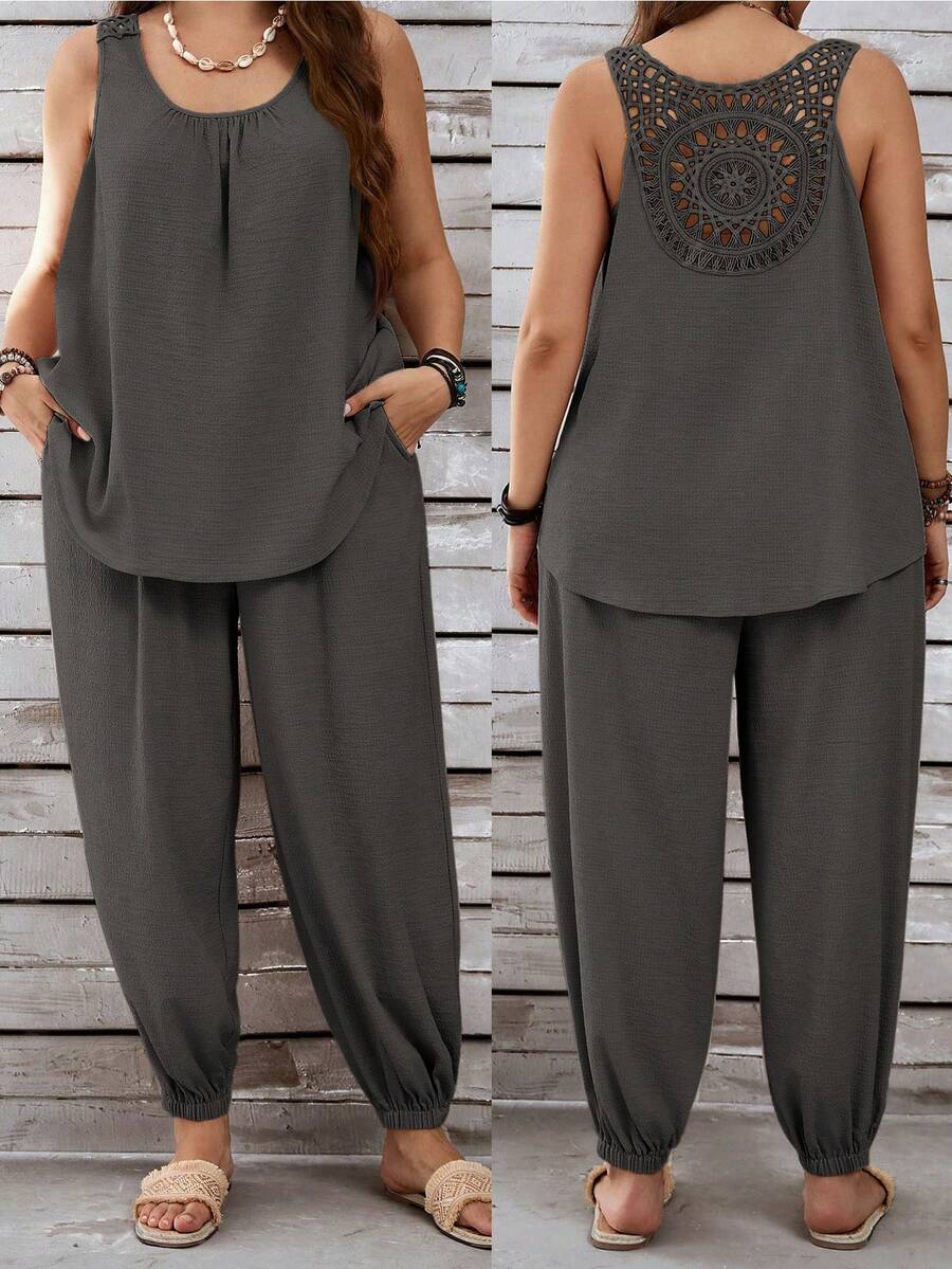 EMERY ROSE Bộ đồ vải lanh dài tay kaki không tay cổ cao dành cho nữ cỡ lớn đi nghỉ mát và quần dài có túi bo gấu - Màu nâu  Mocha - Xem 1