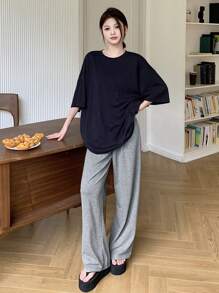 DAZY 2 Stücke Damen Sommer einfarbiges Set aus Rundhals Lässig Top und weiter Hose, Homewear Set Pyjama - marineblau - Übersicht 8